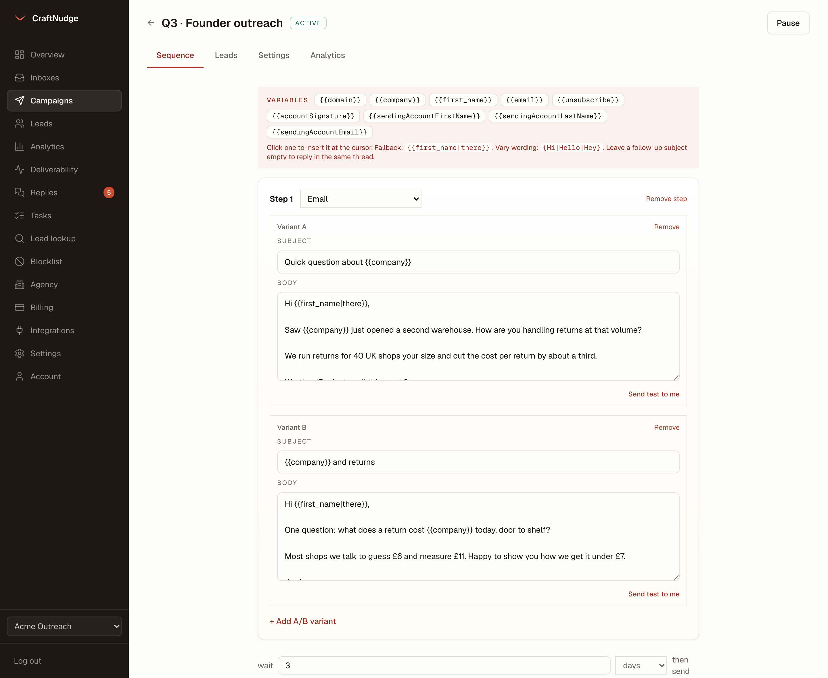 The CraftNudge sequence editor with two variants on the first step and a send test button on each