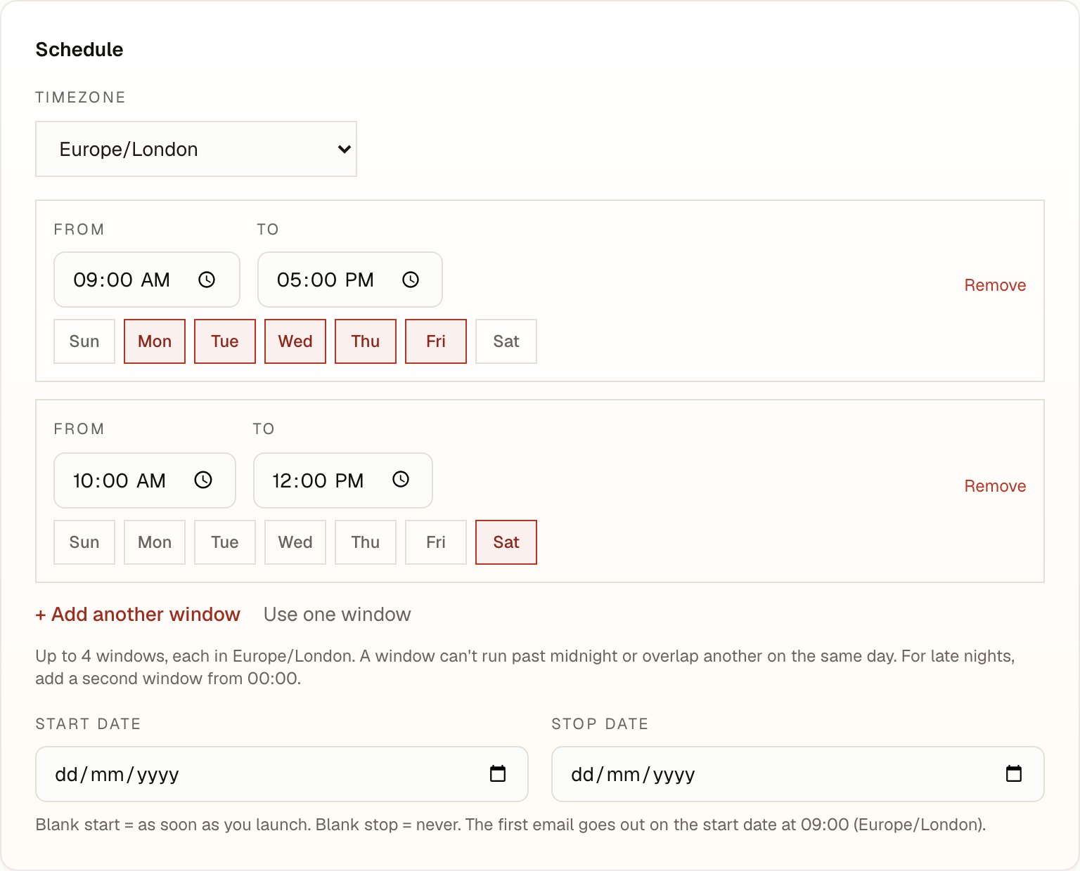 The Schedule card in a campaign's settings with two sending windows: weekdays from 9am to 5pm, and Saturday from 10am to noon