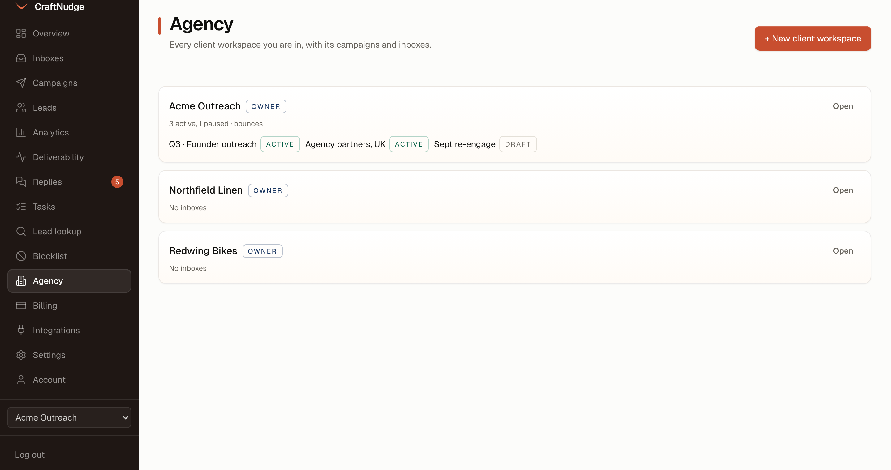 The Agency page listing three client workspaces, each with its role, the state of its inboxes and its campaigns