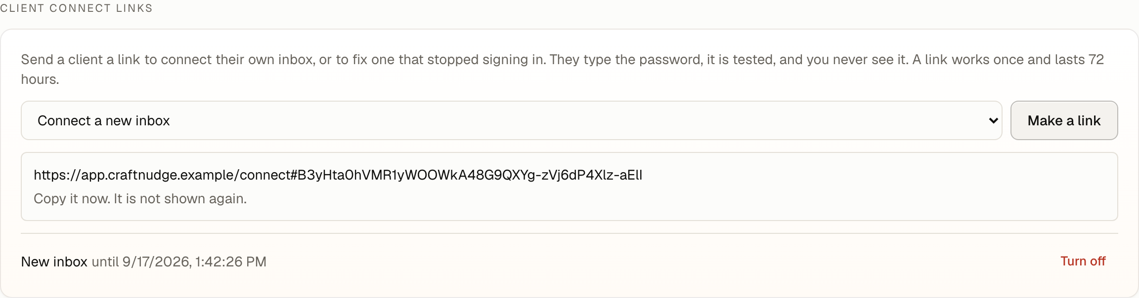 The Client connect links card on the Inboxes page with a new link shown once and the open link listed with the time it lasts until