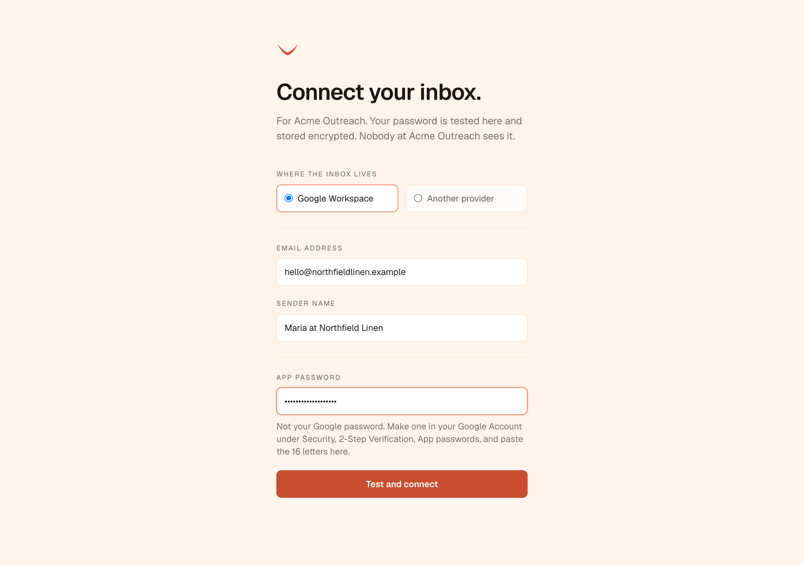 The page a client opens from a connect link, with Google Workspace chosen and the address, sender name and app password filled in above Test and connect