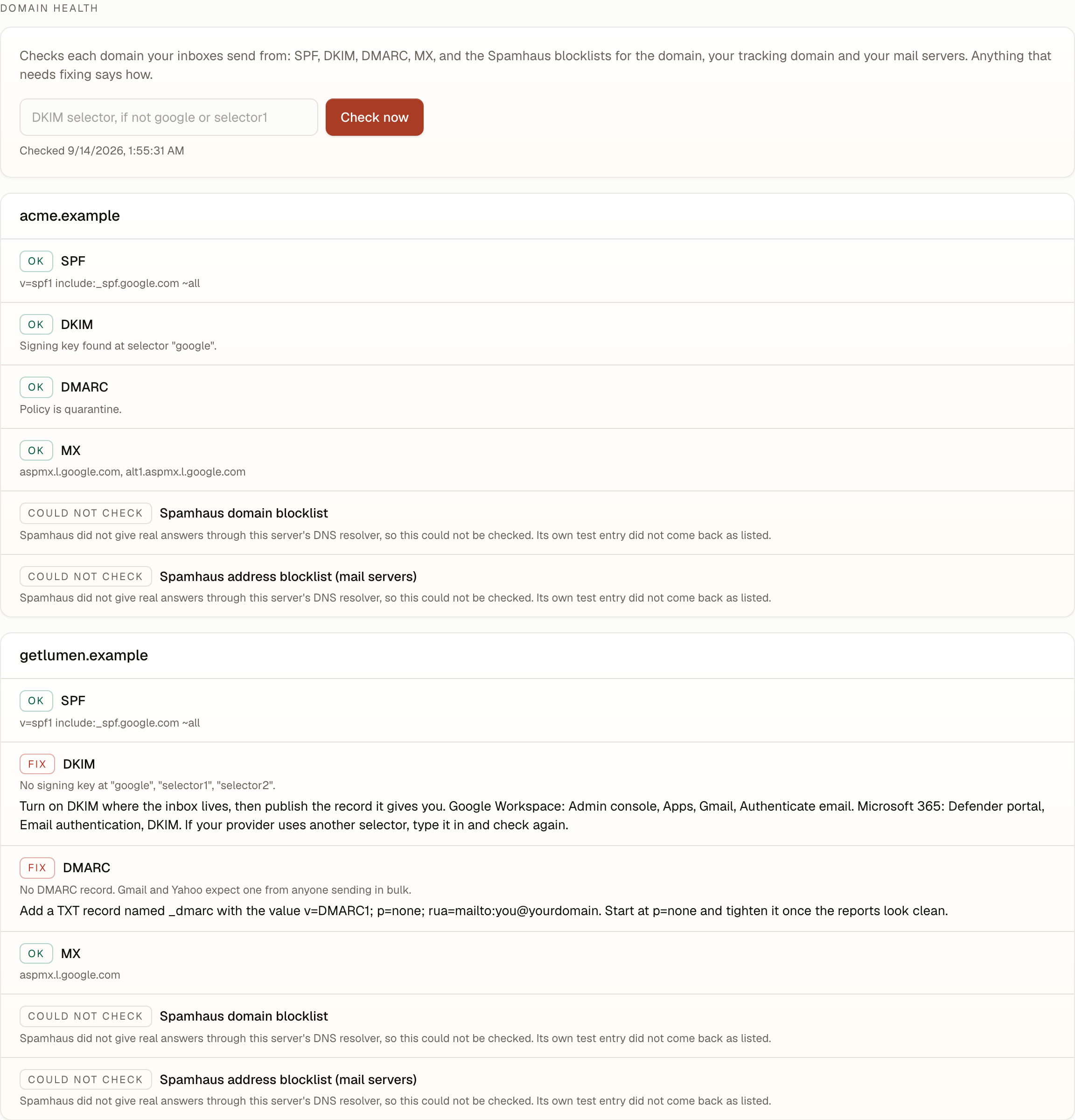 The domain health check on the Inboxes page: one domain with SPF, DKIM, DMARC and MX all ok, a second missing DKIM and DMARC with the fix for each, and both Spamhaus checks marked could not check