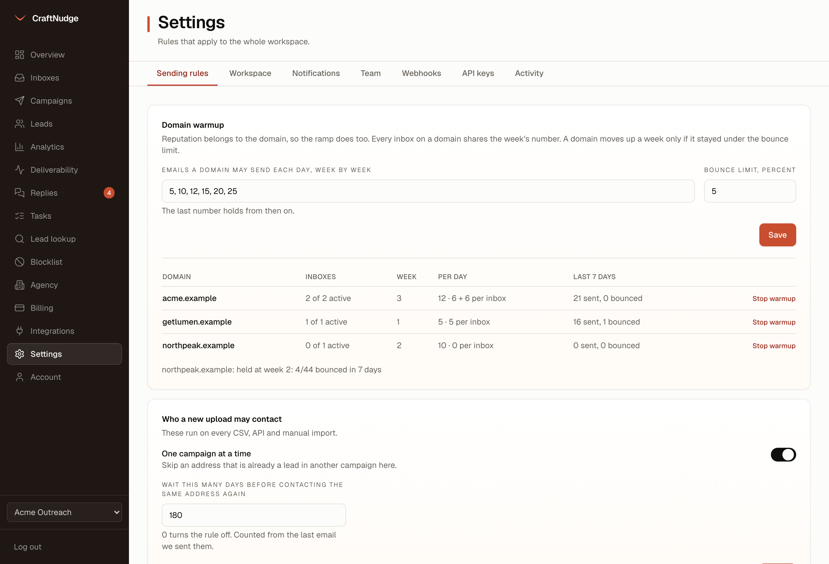 The domain warmup card: a week by week schedule, a bounce limit, and each domain's week, daily number, per-inbox split and last seven days