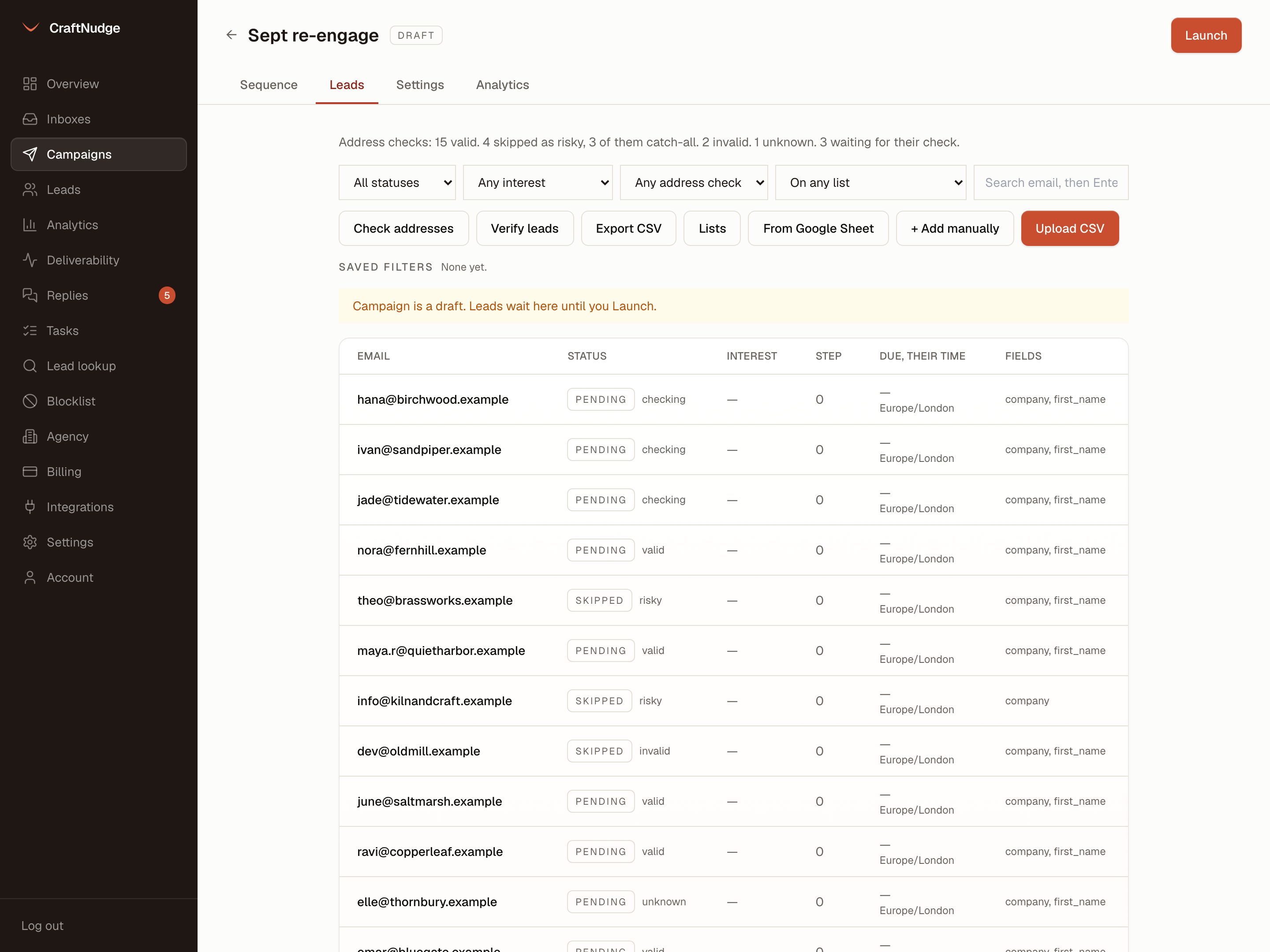 A campaign's Leads tab with the address checks summed up above the table: 15 valid, 4 skipped as risky with 3 of them catch-all, 2 invalid, 1 unknown and 3 waiting, and each lead's answer beside its status