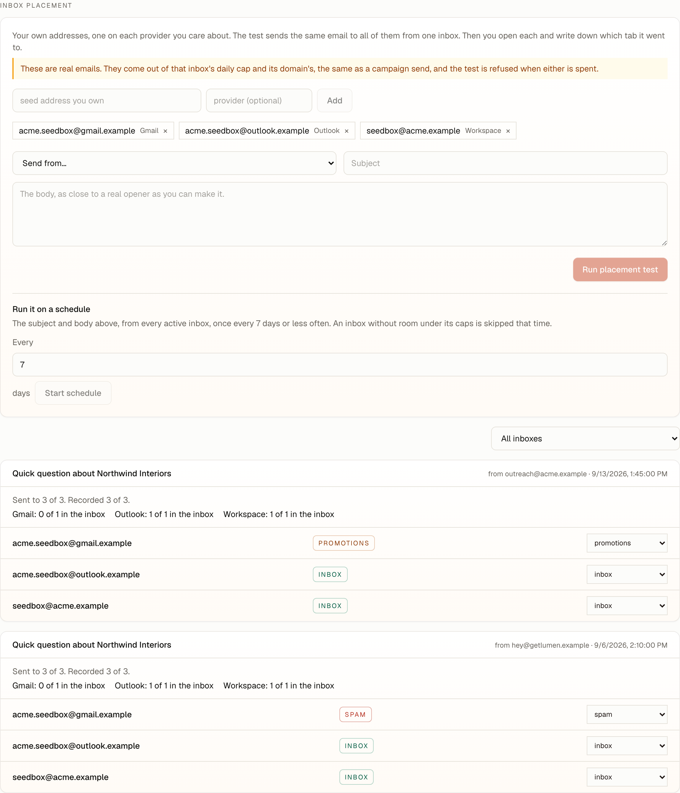The inbox placement section: three seed addresses, the test form with a schedule of every 7 days, and two past tests with each seed marked inbox, promotions or spam and how many landed in the inbox at each provider
