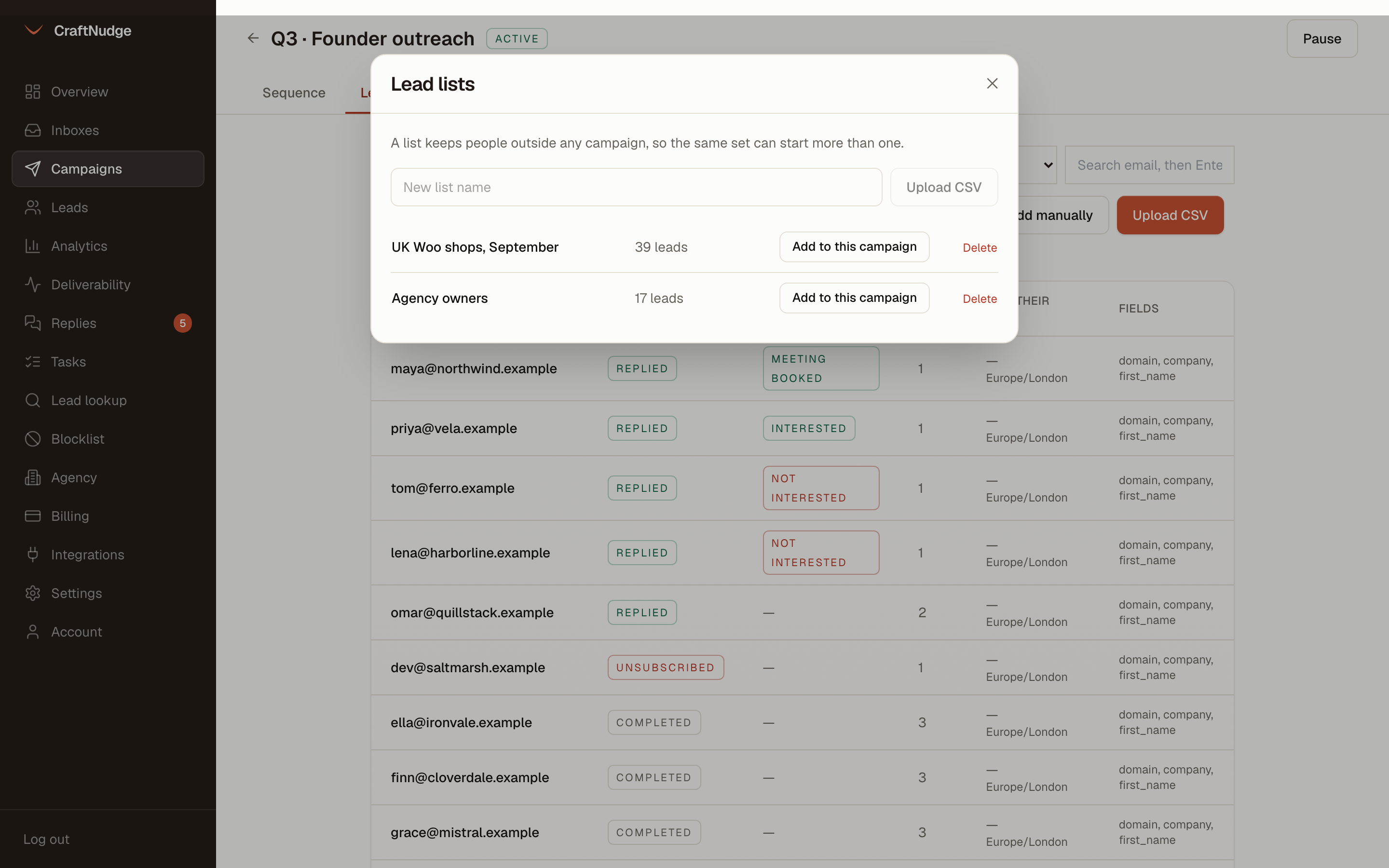 The lead lists dialog over a campaign's leads tab, with two lists ready to add to the campaign