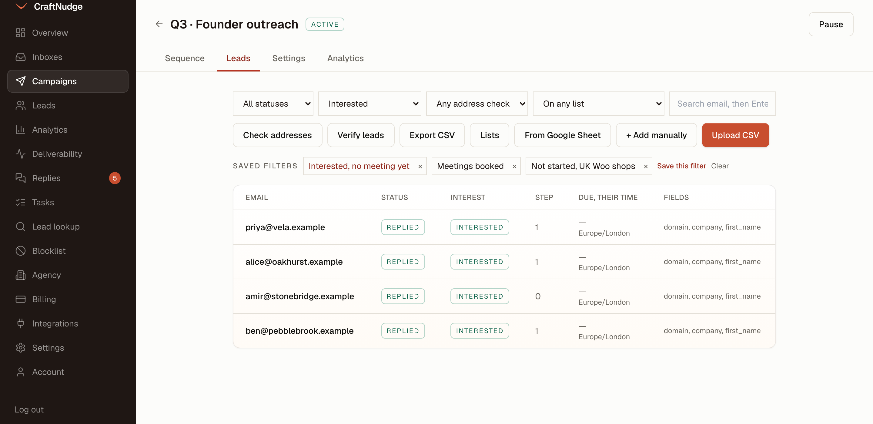 A campaign's Leads tab with three saved filters, one of them applied so the table shows only the leads marked interested