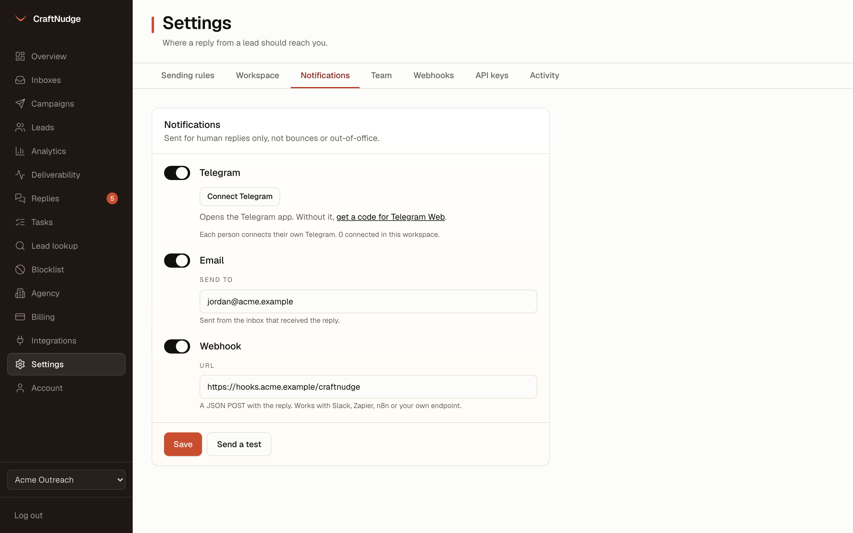 The notifications settings page with Telegram, email and webhook channels switched on and a send a test button