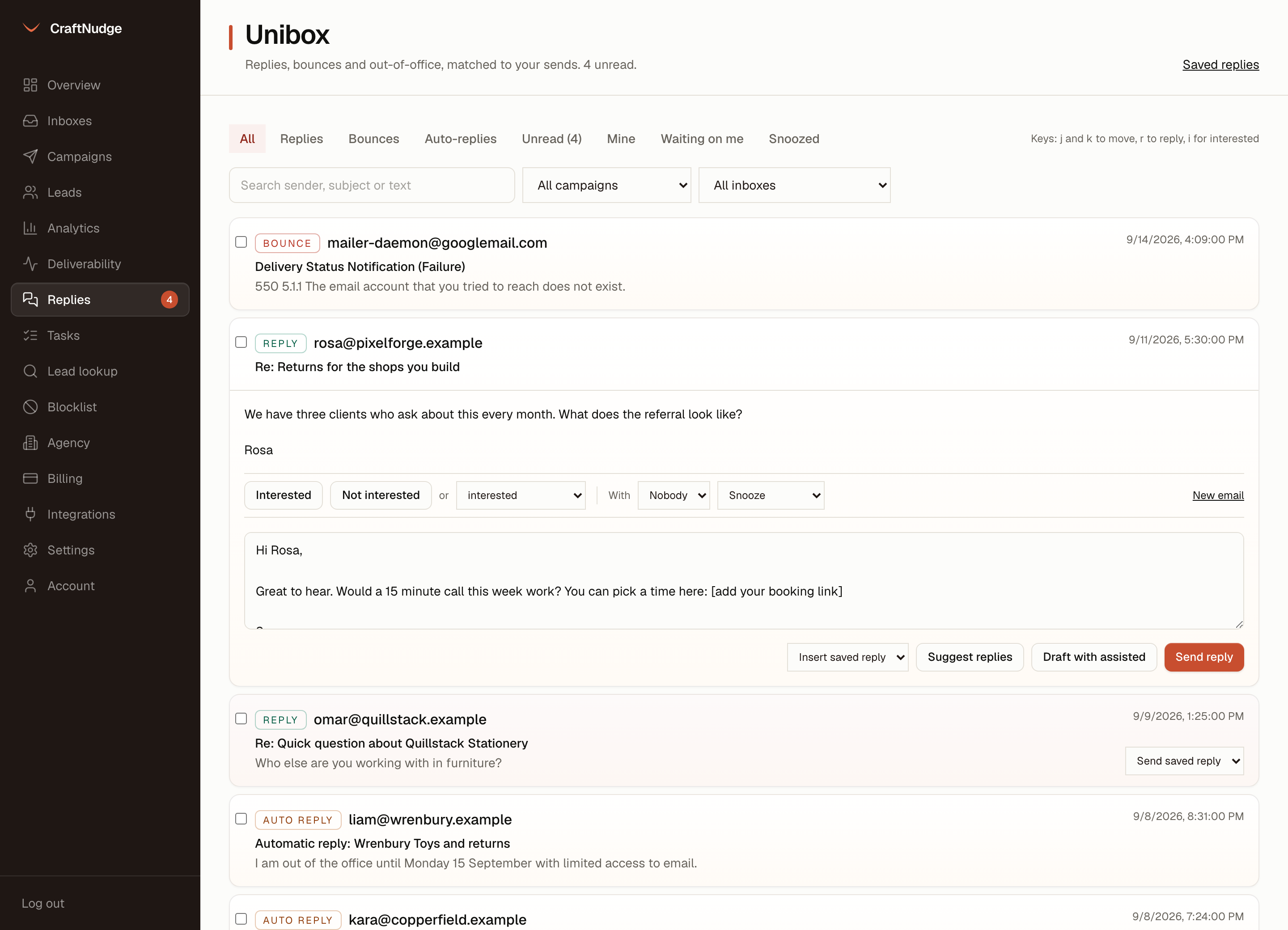 The unibox with a reply open and the Book a call saved reply inserted into the reply box, filled in with the sender’s first name, beside Insert saved reply, Suggest replies and Send reply