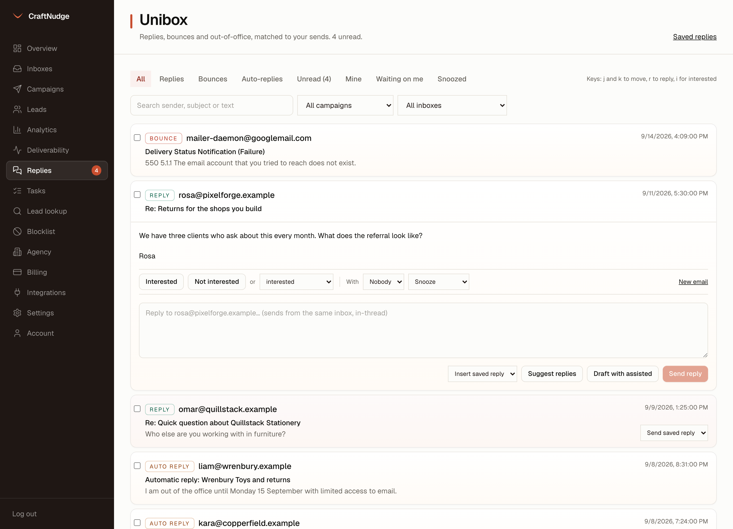 The CraftNudge unibox with a reply open, interest buttons and a reply box that sends from the same inbox in the same thread
