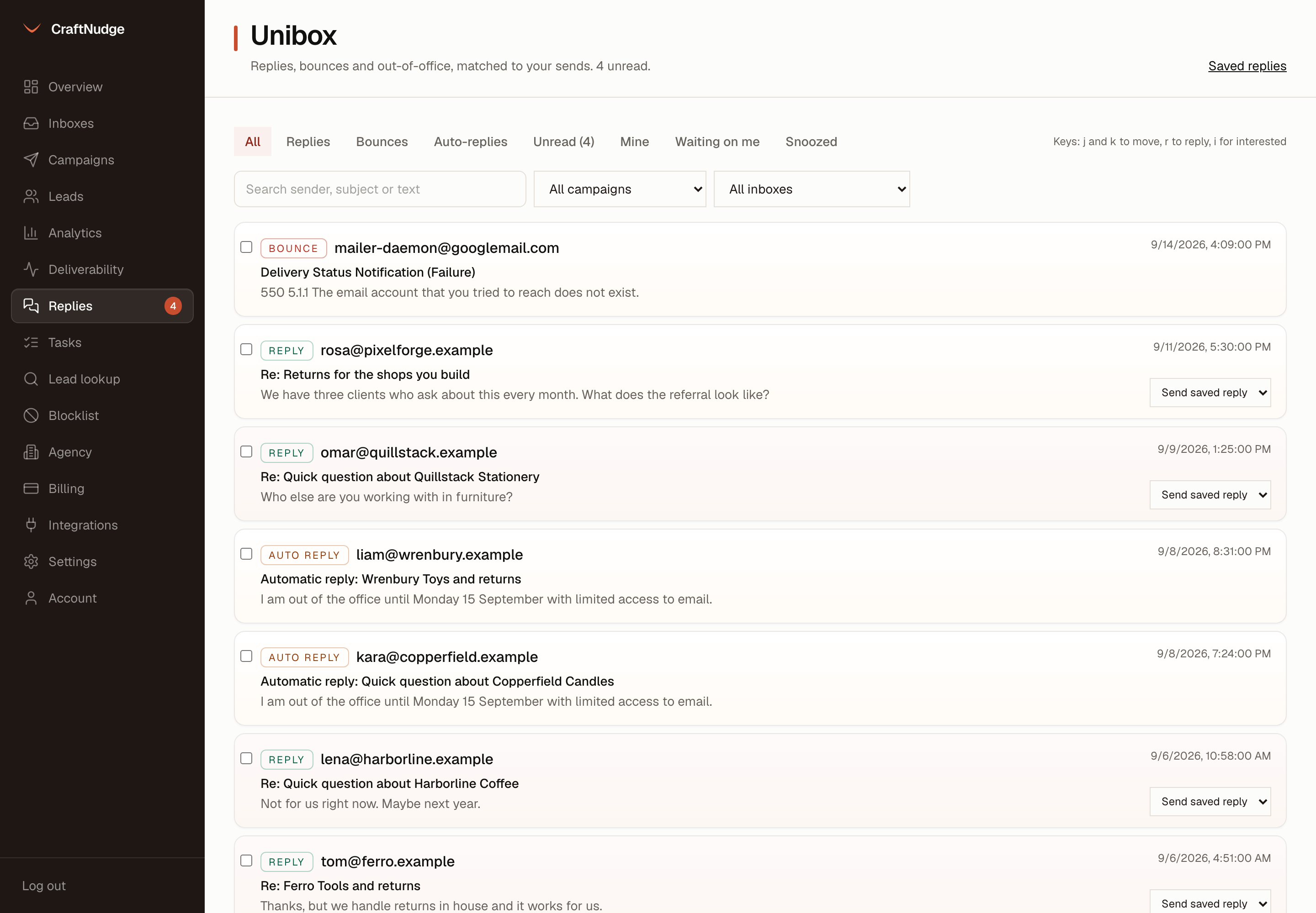 The CraftNudge unibox showing replies, bounces and statuses